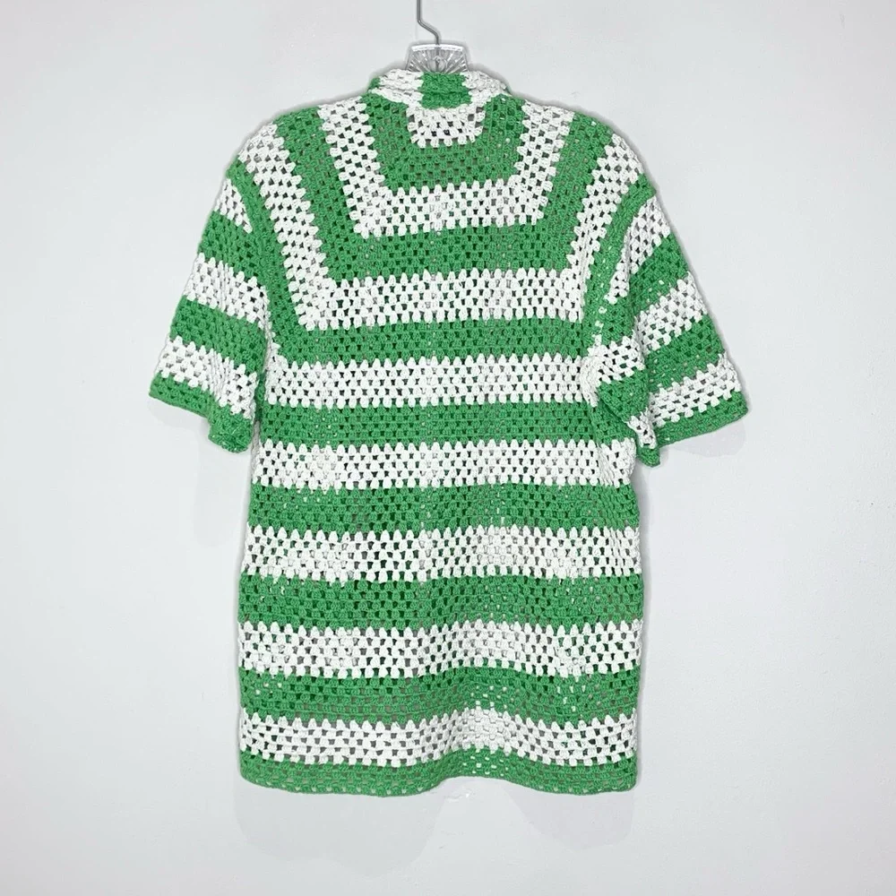 Bode Crochet Shirt (Sz S/M) Flagship Short Sleeve Button Up Striped Green Cream